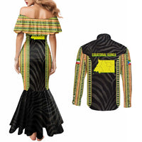 Equatorial Guinea Heritage Couples Matching Mermaid Dress and Long Sleeve Button Shirt with National Emblem and Tribal Zebra Print