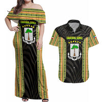 Equatorial Guinea Heritage Couples Matching Off Shoulder Maxi Dress and Hawaiian Shirt with National Emblem and Tribal Zebra Print