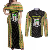 Equatorial Guinea Heritage Couples Matching Off Shoulder Maxi Dress and Long Sleeve Button Shirt with National Emblem and Tribal Zebra Print