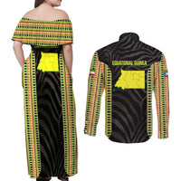 Equatorial Guinea Heritage Couples Matching Off Shoulder Maxi Dress and Long Sleeve Button Shirt with National Emblem and Tribal Zebra Print
