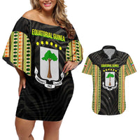 Equatorial Guinea Heritage Couples Matching Off Shoulder Short Dress and Hawaiian Shirt with National Emblem and Tribal Zebra Print