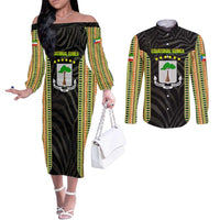 Equatorial Guinea Heritage Couples Matching Off The Shoulder Long Sleeve Dress and Long Sleeve Button Shirt with National Emblem and Tribal Zebra Print