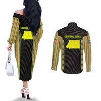 Equatorial Guinea Heritage Couples Matching Off The Shoulder Long Sleeve Dress and Long Sleeve Button Shirt with National Emblem and Tribal Zebra Print