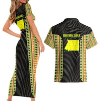 Equatorial Guinea Heritage Couples Matching Short Sleeve Bodycon Dress and Hawaiian Shirt with National Emblem and Tribal Zebra Print