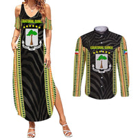 Equatorial Guinea Heritage Couples Matching Summer Maxi Dress and Long Sleeve Button Shirt with National Emblem and Tribal Zebra Print