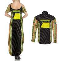 Equatorial Guinea Heritage Couples Matching Summer Maxi Dress and Long Sleeve Button Shirt with National Emblem and Tribal Zebra Print