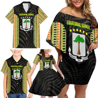 Equatorial Guinea Heritage Family Matching Off Shoulder Short Dress and Hawaiian Shirt with National Emblem and Tribal Zebra Print