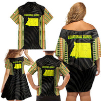 Equatorial Guinea Heritage Family Matching Off Shoulder Short Dress and Hawaiian Shirt with National Emblem and Tribal Zebra Print