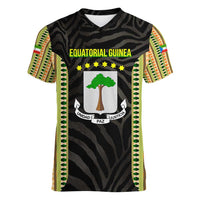 Equatorial Guinea Heritage Women V-Neck T-Shirt with National Emblem and Tribal Zebra Print