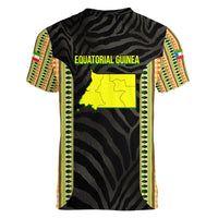 Equatorial Guinea Heritage Women V-Neck T-Shirt with National Emblem and Tribal Zebra Print