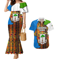 Equatorial Guinea Kente Couples Matching Mermaid Dress and Hawaiian Shirt with Tribal Mask and National Coat of Arms