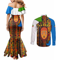 Equatorial Guinea Kente Couples Matching Mermaid Dress and Long Sleeve Button Shirt with Tribal Mask and National Coat of Arms