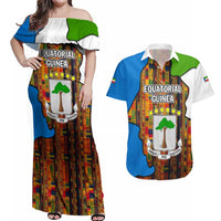 Equatorial Guinea Kente Couples Matching Off Shoulder Maxi Dress and Hawaiian Shirt with Tribal Mask and National Coat of Arms