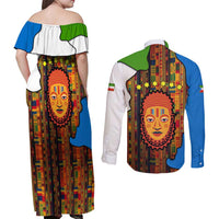 Equatorial Guinea Kente Couples Matching Off Shoulder Maxi Dress and Long Sleeve Button Shirt with Tribal Mask and National Coat of Arms