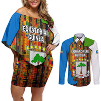 Equatorial Guinea Kente Couples Matching Off Shoulder Short Dress and Long Sleeve Button Shirt with Tribal Mask and National Coat of Arms