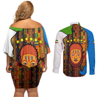 Equatorial Guinea Kente Couples Matching Off Shoulder Short Dress and Long Sleeve Button Shirt with Tribal Mask and National Coat of Arms