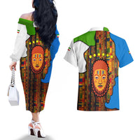 Equatorial Guinea Kente Couples Matching Off The Shoulder Long Sleeve Dress and Hawaiian Shirt with Tribal Mask and National Coat of Arms