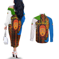 Equatorial Guinea Kente Couples Matching Off The Shoulder Long Sleeve Dress and Long Sleeve Button Shirt with Tribal Mask and National Coat of Arms
