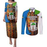 Equatorial Guinea Kente Couples Matching Puletasi and Long Sleeve Button Shirt with Tribal Mask and National Coat of Arms