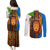 Equatorial Guinea Kente Couples Matching Puletasi and Long Sleeve Button Shirt with Tribal Mask and National Coat of Arms