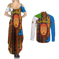 Equatorial Guinea Kente Couples Matching Summer Maxi Dress and Long Sleeve Button Shirt with Tribal Mask and National Coat of Arms