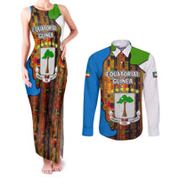 Equatorial Guinea Kente Couples Matching Tank Maxi Dress and Long Sleeve Button Shirt with Tribal Mask and National Coat of Arms