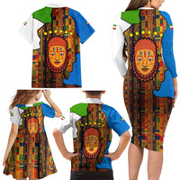 Equatorial Guinea Kente Family Matching Long Sleeve Bodycon Dress and Hawaiian Shirt with Tribal Mask and National Coat of Arms