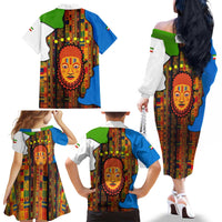 Equatorial Guinea Kente Family Matching Off The Shoulder Long Sleeve Dress and Hawaiian Shirt with Tribal Mask and National Coat of Arms