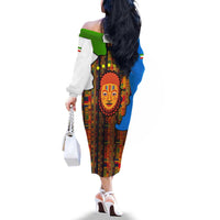 Equatorial Guinea Kente Family Matching Off The Shoulder Long Sleeve Dress and Hawaiian Shirt with Tribal Mask and National Coat of Arms