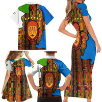 Equatorial Guinea Kente Family Matching Short Sleeve Bodycon Dress and Hawaiian Shirt with Tribal Mask and National Coat of Arms