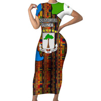 Equatorial Guinea Kente Family Matching Short Sleeve Bodycon Dress and Hawaiian Shirt with Tribal Mask and National Coat of Arms