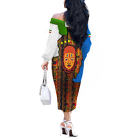 Equatorial Guinea Kente Off The Shoulder Long Sleeve Dress with Tribal Mask and National Coat of Arms