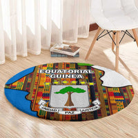Equatorial Guinea Kente Round Carpet with Tribal Mask and National Coat of Arms