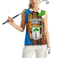 Equatorial Guinea Kente Women Sleeveless Polo Shirt with Tribal Mask and National Coat of Arms