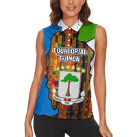 Equatorial Guinea Kente Women Sleeveless Polo Shirt with Tribal Mask and National Coat of Arms