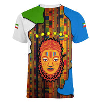 Equatorial Guinea Kente Women V-Neck T-Shirt with Tribal Mask and National Coat of Arms