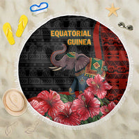 Equatorial Guinea Elephant Beach Blanket with Hibiscus Flowers and Tribal Patterns
