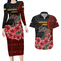 Equatorial Guinea Elephant Couples Matching Long Sleeve Bodycon Dress and Hawaiian Shirt with Hibiscus Flowers and Tribal Patterns