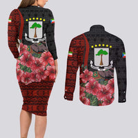 Equatorial Guinea Elephant Couples Matching Long Sleeve Bodycon Dress and Long Sleeve Button Shirt with Hibiscus Flowers and Tribal Patterns