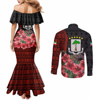 Equatorial Guinea Elephant Couples Matching Mermaid Dress and Long Sleeve Button Shirt with Hibiscus Flowers and Tribal Patterns
