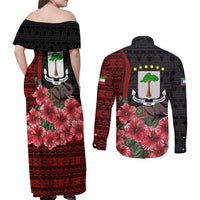Equatorial Guinea Elephant Couples Matching Off Shoulder Maxi Dress and Long Sleeve Button Shirt with Hibiscus Flowers and Tribal Patterns