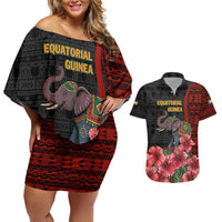 Equatorial Guinea Elephant Couples Matching Off Shoulder Short Dress and Hawaiian Shirt with Hibiscus Flowers and Tribal Patterns