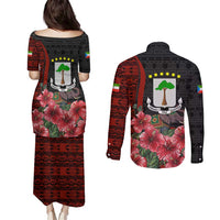 Equatorial Guinea Elephant Couples Matching Puletasi and Long Sleeve Button Shirt with Hibiscus Flowers and Tribal Patterns