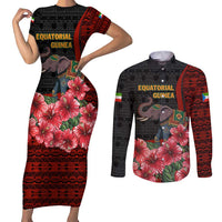Equatorial Guinea Elephant Couples Matching Short Sleeve Bodycon Dress and Long Sleeve Button Shirt with Hibiscus Flowers and Tribal Patterns