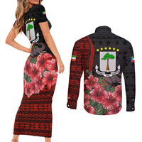 Equatorial Guinea Elephant Couples Matching Short Sleeve Bodycon Dress and Long Sleeve Button Shirt with Hibiscus Flowers and Tribal Patterns