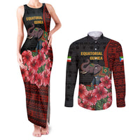 Equatorial Guinea Elephant Couples Matching Tank Maxi Dress and Long Sleeve Button Shirt with Hibiscus Flowers and Tribal Patterns