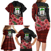 Equatorial Guinea Elephant Family Matching Long Sleeve Bodycon Dress and Hawaiian Shirt with Hibiscus Flowers and Tribal Patterns
