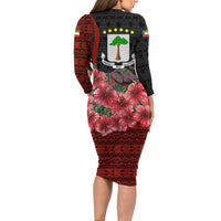 Equatorial Guinea Elephant Family Matching Long Sleeve Bodycon Dress and Hawaiian Shirt with Hibiscus Flowers and Tribal Patterns