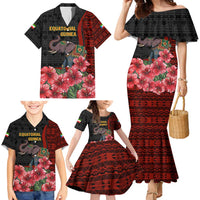 Equatorial Guinea Elephant Family Matching Mermaid Dress and Hawaiian Shirt with Hibiscus Flowers and Tribal Patterns