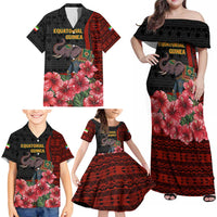 Equatorial Guinea Elephant Family Matching Off Shoulder Maxi Dress and Hawaiian Shirt with Hibiscus Flowers and Tribal Patterns